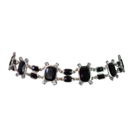 Black Faceted Gemstones Rhinestones Silver Tone Bling Metal Waist Belt 30\